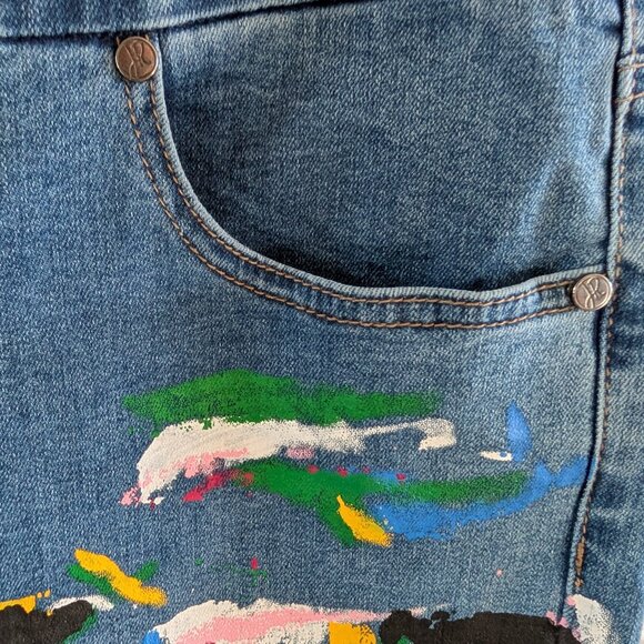 Joseph Ribkoff Pull On Painted Splatter Denim Jeans Size 12 Stretchy Artsy Fun - Picture 7 of 11
